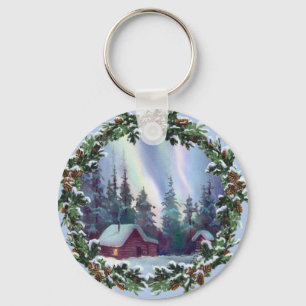 NORTHERNLIGHTS LOG CABIN & WREATH by SHARON SHARPE Key Ring