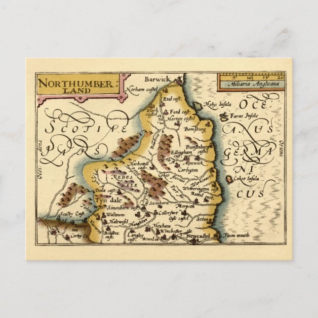 Northumberland County England Old Antiquarian Map Postcard (Front)