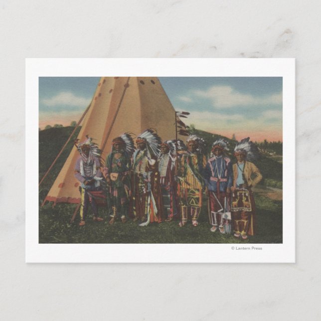 Northwest Indians - Row of Indian Chiefs in War Postcard (Front)