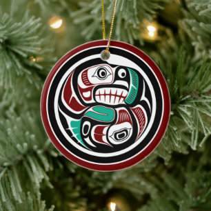 Northwest Pacific coast Otter chasing Salmon Ceramic Tree Decoration