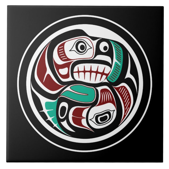 Northwest Pacific coast Otter chasing Salmon Tile (Front)