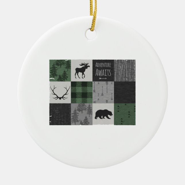 Northwoods Adventure Patchwork - grey and green Ceramic Tree Decoration (Front)