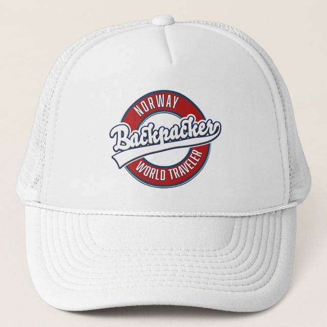 Norway backpacker world traveler logo. trucker hat (Front)