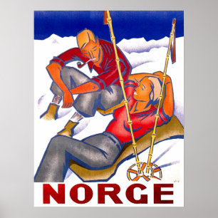 Norway, couple in winter holiday, ski, vintage poster