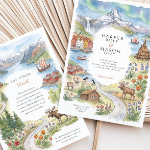 Norway Fjord Stave Church Northern Lights Wedding Invitation