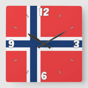 Norway Flag Numbers Red Blue White Cross Square Wall Clock