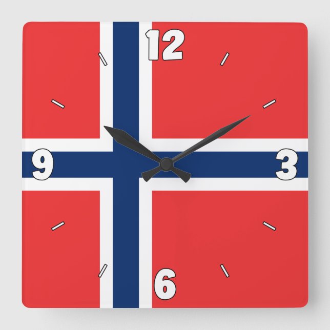 Norway Flag Numbers Red Blue White Cross Square Wall Clock (Front)