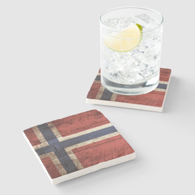 Norway Flag on Old Wood Grain Stone Coaster (Side)