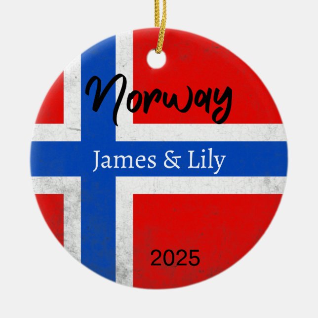 Norway Flag Ornament, Personalised Norway Ceramic Tree Decoration (Front)