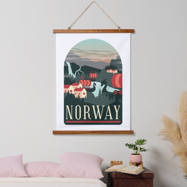 Norway Landscape Vintage Travel Postcard Hanging Tapestry (Bedroom)