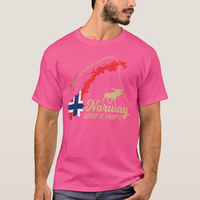 Norway Map Angel Moose With Gps Coordinates Fishin T-Shirt (Front)