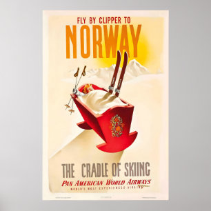 Norway Mountains Ski Winter Sport Skiing Vintage Poster
