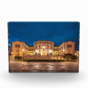 Norway Oslo Storting Building At Night Photo Block