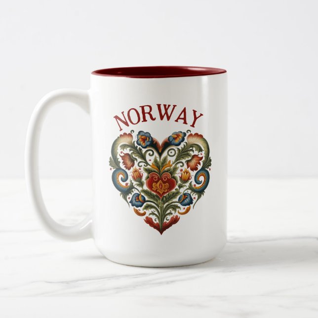 Norway Rosemaling Folk Art Heart  Two-Tone Coffee Mug (Left)