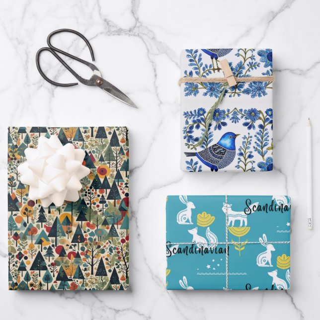 Norway, Scandi, trees, birds, animals Wrapping Paper Sheet (Front)