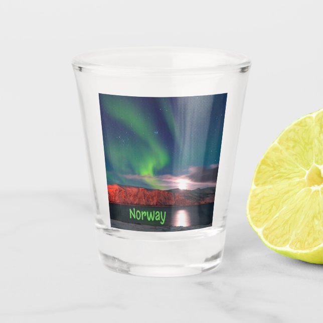 Norway Scandinavian Northern Lights Red Cliffs Shot Glass (Front)