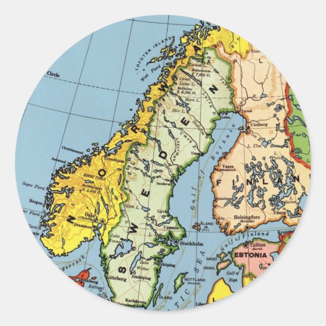 Norway Sweden Denmark Map Design Classic Round Sticker (Front)