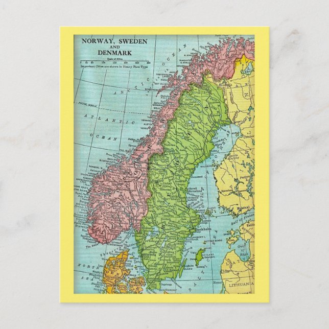Norway, Sweden, & Denmark Map Postcard (Front)