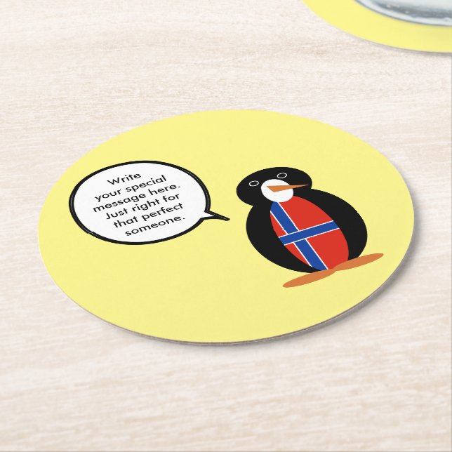 Norway Talking Ms Penguin Personalised  Round Paper Coaster (Angled)