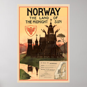 Norway the Land of Midnight Sun Vintage Travel Poster