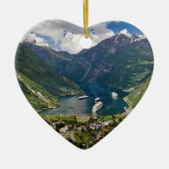 Norway view to Geiranger from Flydalsjuvet Ceramic Tree Decoration (Front)