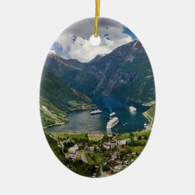 Norway view to Geiranger from Flydalsjuvet Ceramic Tree Decoration (Front)