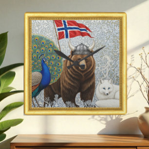 Norway Viking Bear, Arctic Fox Art Nouveau Square Wall Clock