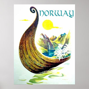 Norway, viking ship in fiords, vintage travel poster