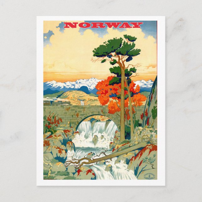 Norway, waterfall, vintage travel postcard (Front)