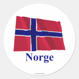 Norway Waving Flag with Name in Norwegian Classic Round Sticker