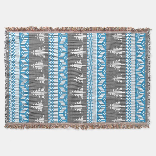 Norwegian Alpine Fir Trees Blue and Grey Pattern Throw Blanket (Front)