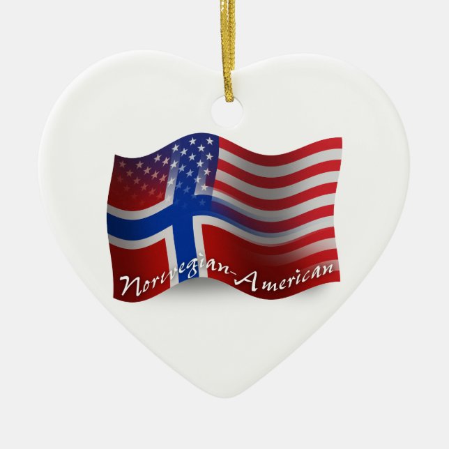 Norwegian-American Waving Flag Ceramic Tree Decoration (Front)