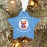 Norwegian Angel Hanukkah Flag Personalised  Ornament<br><div class="desc">Blonde haired angel wears the flag of Norway on a star shaped ornament for holiday and Hanukkah decor. Design created for families with multiple religions. The Norwegian flag Hanukkah angel is inside the circle of white squiggly squares. The background is blue squiggly squares. Add your own text or customise with...</div>