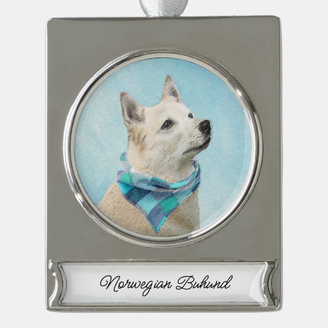 Norwegian Buhund Painting - Cute Original Dog Art  Silver Plated Banner Ornament (Front)
