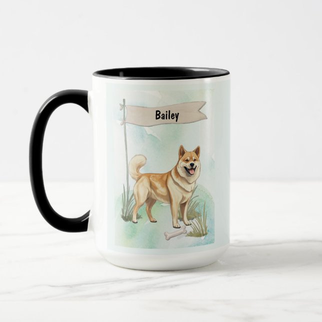 Norwegian Buhund Watercolor Personalised Dog Mug (Left)