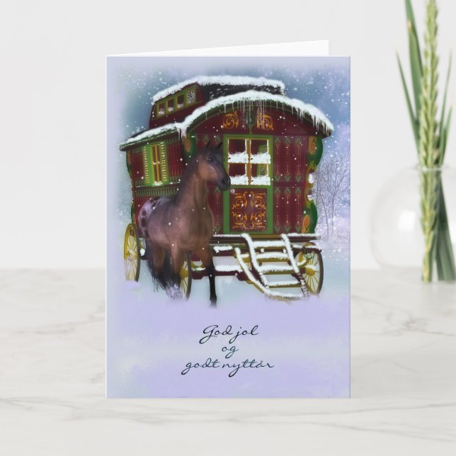 Norwegian Christmas Card - Horse And Old Caravan - (Front)