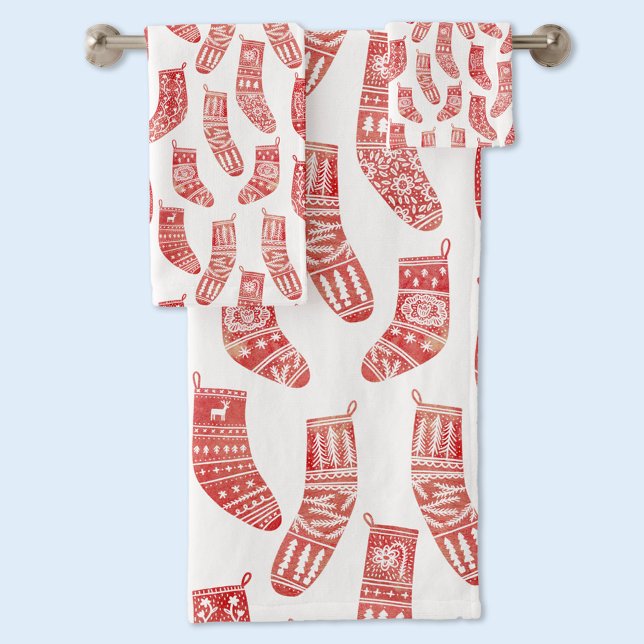 Norwegian Christmas Stockings Pattern Bath Towel Set (Nordic Scandinavian stockings red and white towel set)