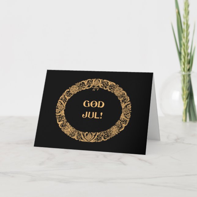Norwegian Christmas Wreath Gold-effect, Black Holiday Card (Front)