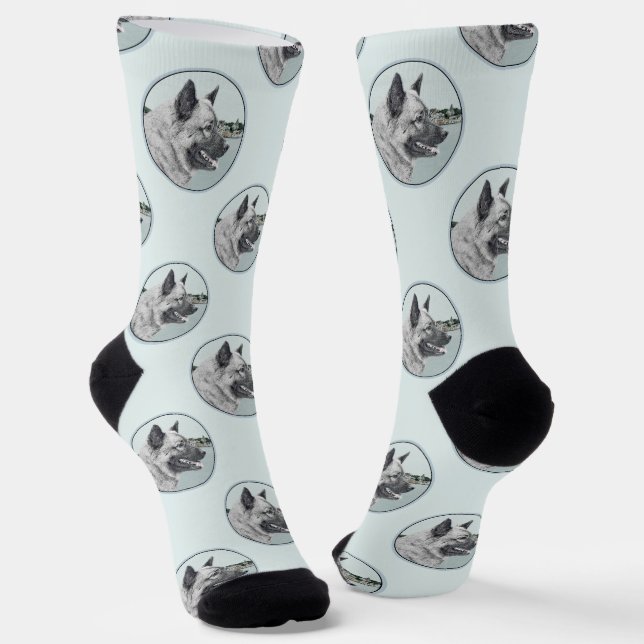 Norwegian Elkhound and Village Painting Dog Art Socks (Angled)