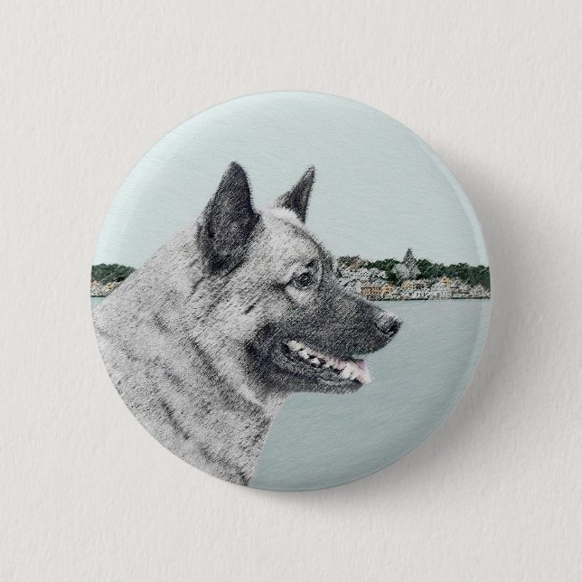 Norwegian Elkhound at Village Painting - Dog Art 6 Cm Round Badge (Front)