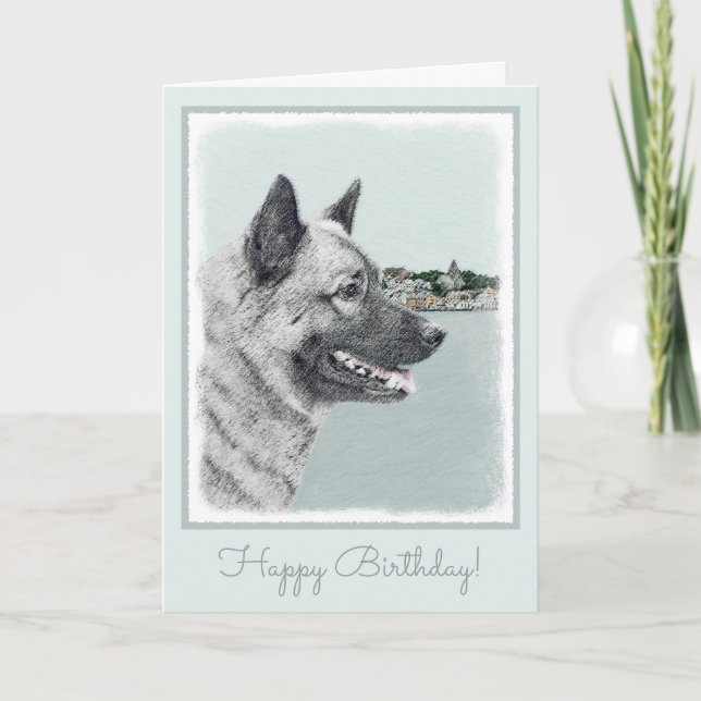 Norwegian Elkhound at Village Painting - Dog Art Card (Front)