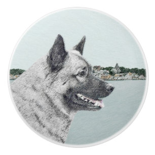 Norwegian Elkhound at Village Painting - Dog Art Ceramic Knob