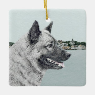 Norwegian Elkhound at Village Painting - Dog Art Ceramic Ornament