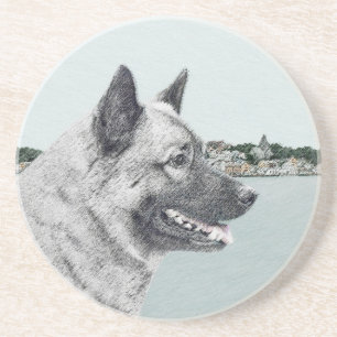 Norwegian Elkhound at Village Painting - Dog Art Coaster