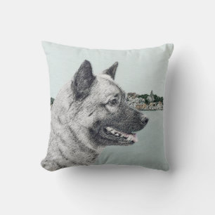 Norwegian Elkhound at Village Painting - Dog Art Cushion