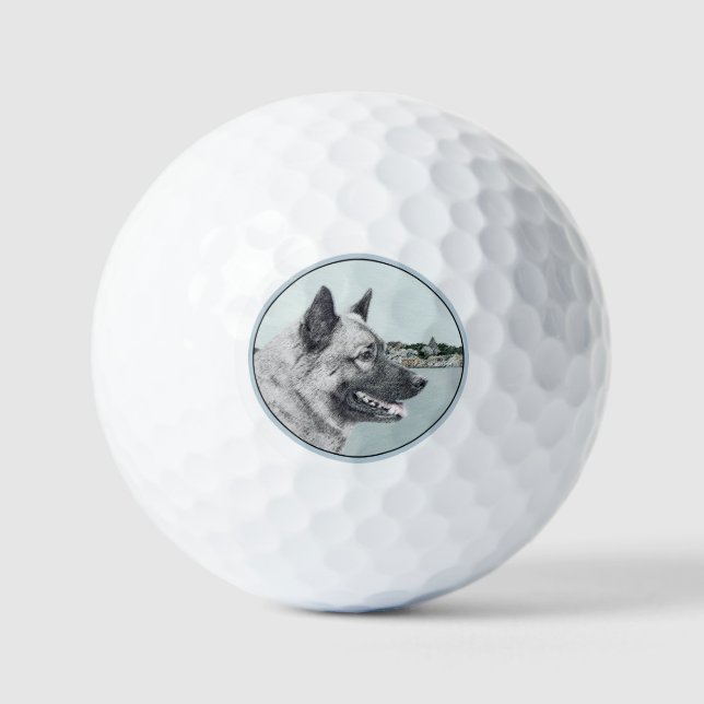 Norwegian Elkhound at Village Painting - Dog Art Golf Balls (Front)