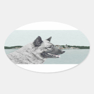 Norwegian Elkhound at Village Painting - Dog Art Oval Sticker