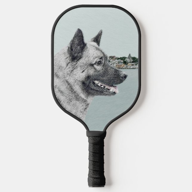 Norwegian Elkhound at Village Painting - Dog Art Pickleball Paddle (Front)