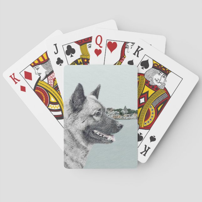Norwegian Elkhound at Village Painting - Dog Art Playing Cards (Back)