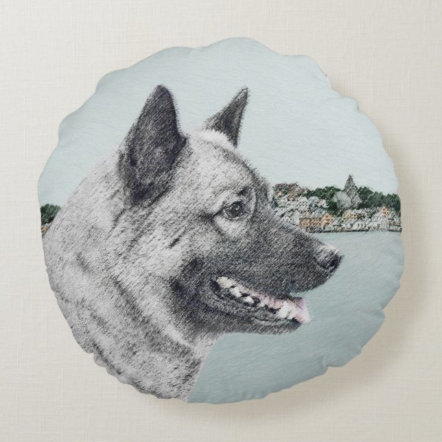 Norwegian Elkhound at Village Painting - Dog Art Round Cushion (Back)